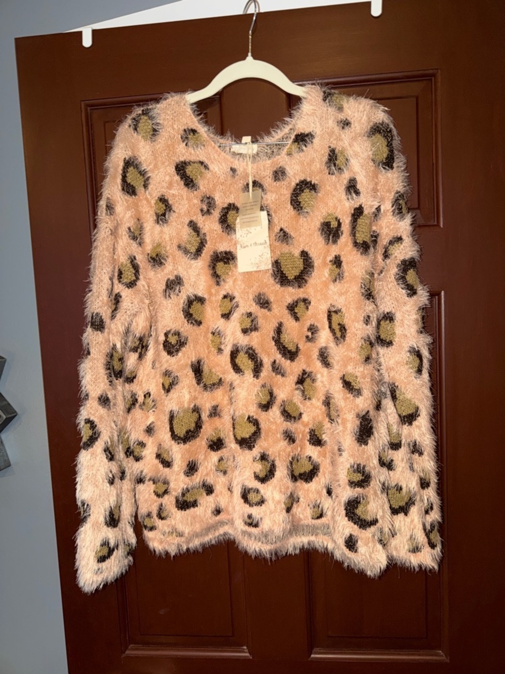 Hem & Thread Pink Fuzzy Leopard Crewneck Sweater